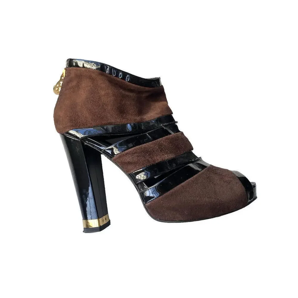 Tory Burch Lucille US-7 Peep Toe Ankle Booties Black Brown Shoes Platform Suede